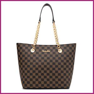 PU Leather Top Handle Satchel Purse with Golden Metal Chain